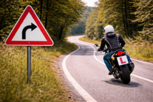 Élève conducteur anticipant un virage après panneau de danger