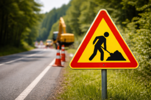 Panneau triangulaire fond jaune annonçant des travaux