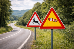 Panneaux « animaux sauvages » et « vents latéraux » sur route ouverte