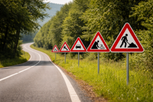 Panneaux de danger alignés avant une zone à risque