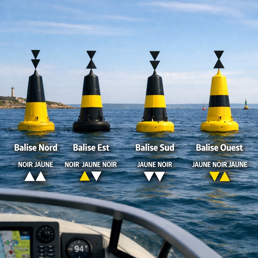 Quatre balises cardinales avec schémas de cônes et couleurs