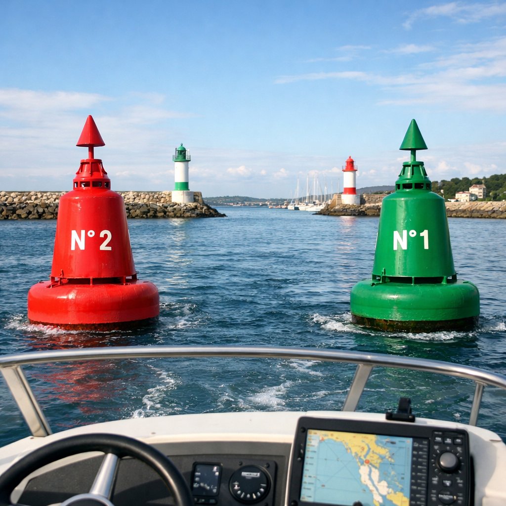 Bouées latérales rouge et verte à l’entrée d’un port