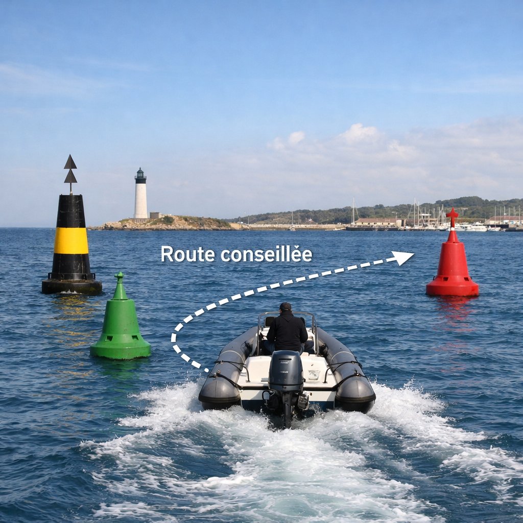 Route conseillée d’un semi-rigide entre une cardinale et des latérales