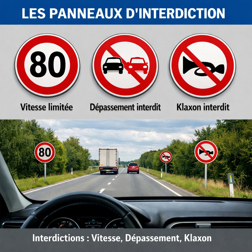 Panneaux interdiction vitesse, dépassement et klaxon