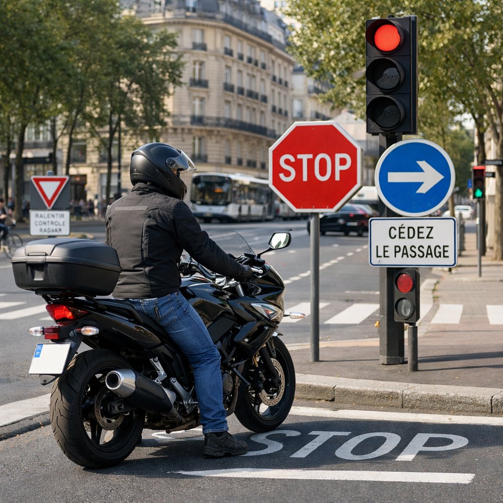 Motocycliste en ville respectant la signalisation