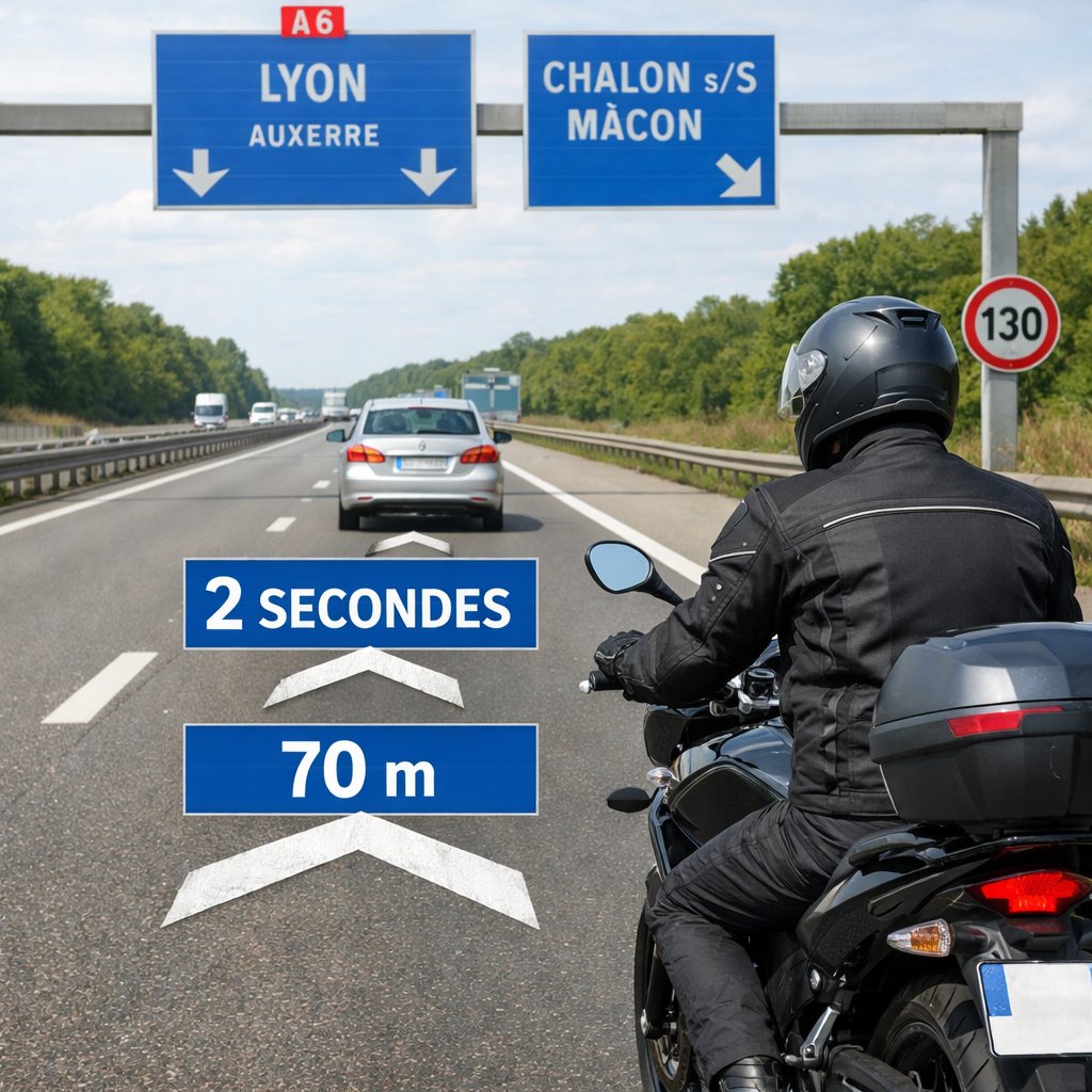 Motocycliste respectant la distance de sécurité sur l'autoroute A6