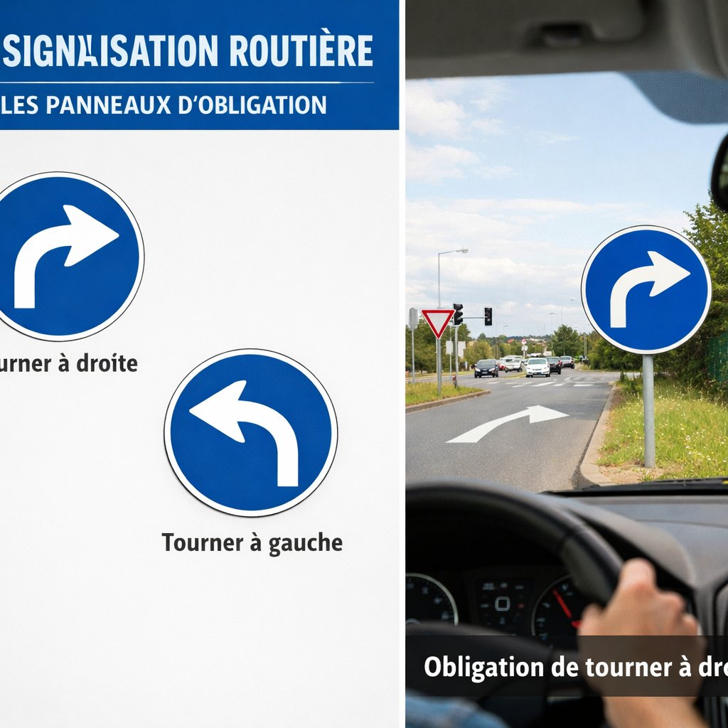 Panneau bleu indiquant une obligation de tourner