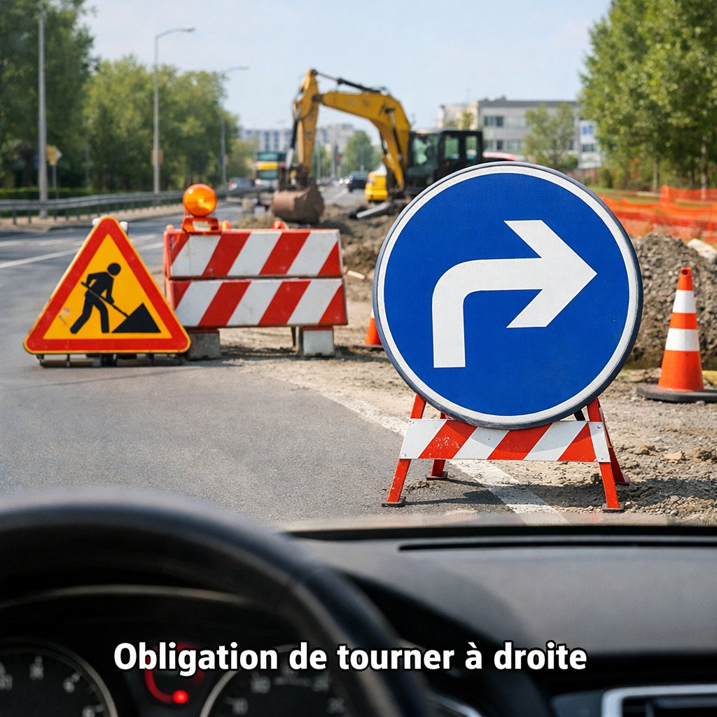 Panneau bleu tournant obligatoire à droite près d'un chantier