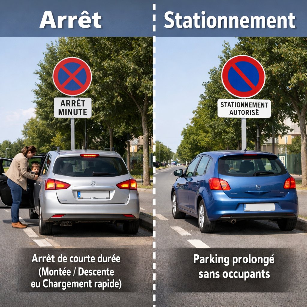 Schéma montrant un véhicule arrêté et un véhicule en stationnement