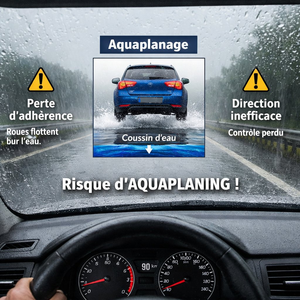 Schéma montrant comportement en aquaplanage