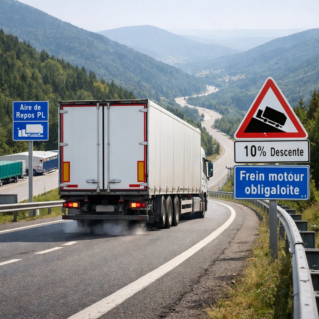 Camion en descente, frein moteur en action
