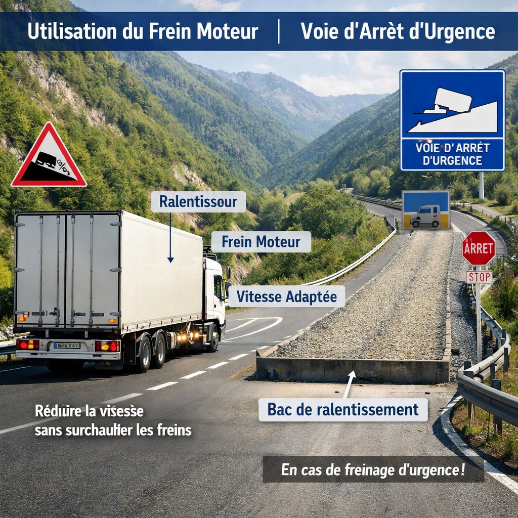Schéma explicatif du frein moteur et de la voie d'arrêt d'urgence en montagne