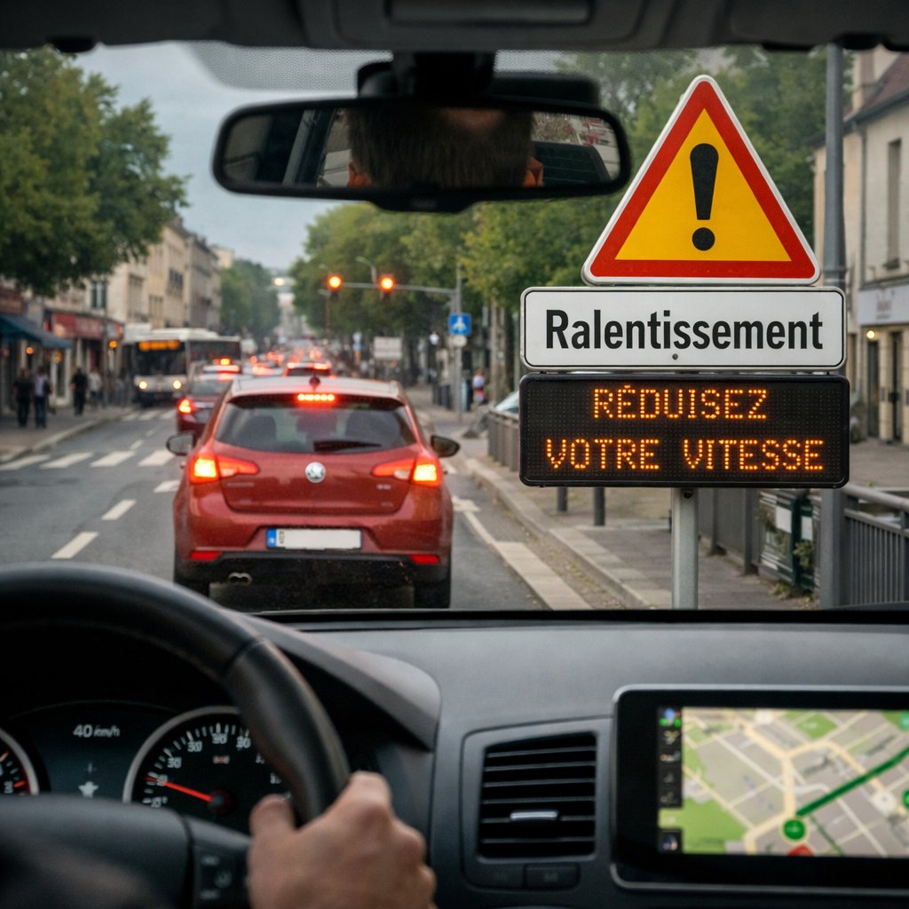 Voiture anticipant un ralentissement en ville
