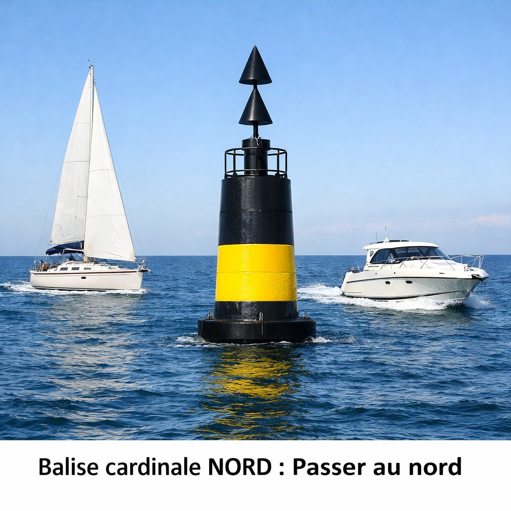 illustration d'une balise cardinale et deux bateaux