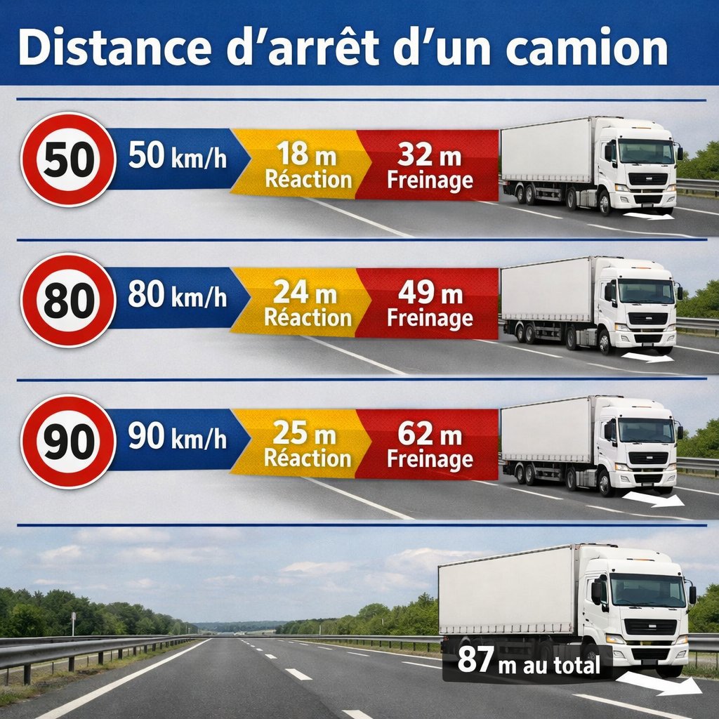 Schéma distance d'arrêt camion à différentes vitesses