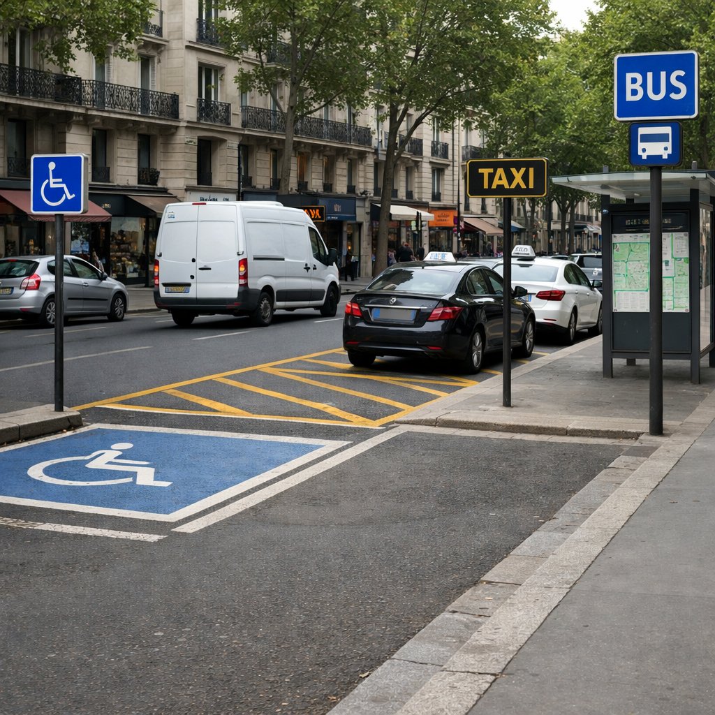 Emplacements réservés (PMR, livraison, taxis, bus)