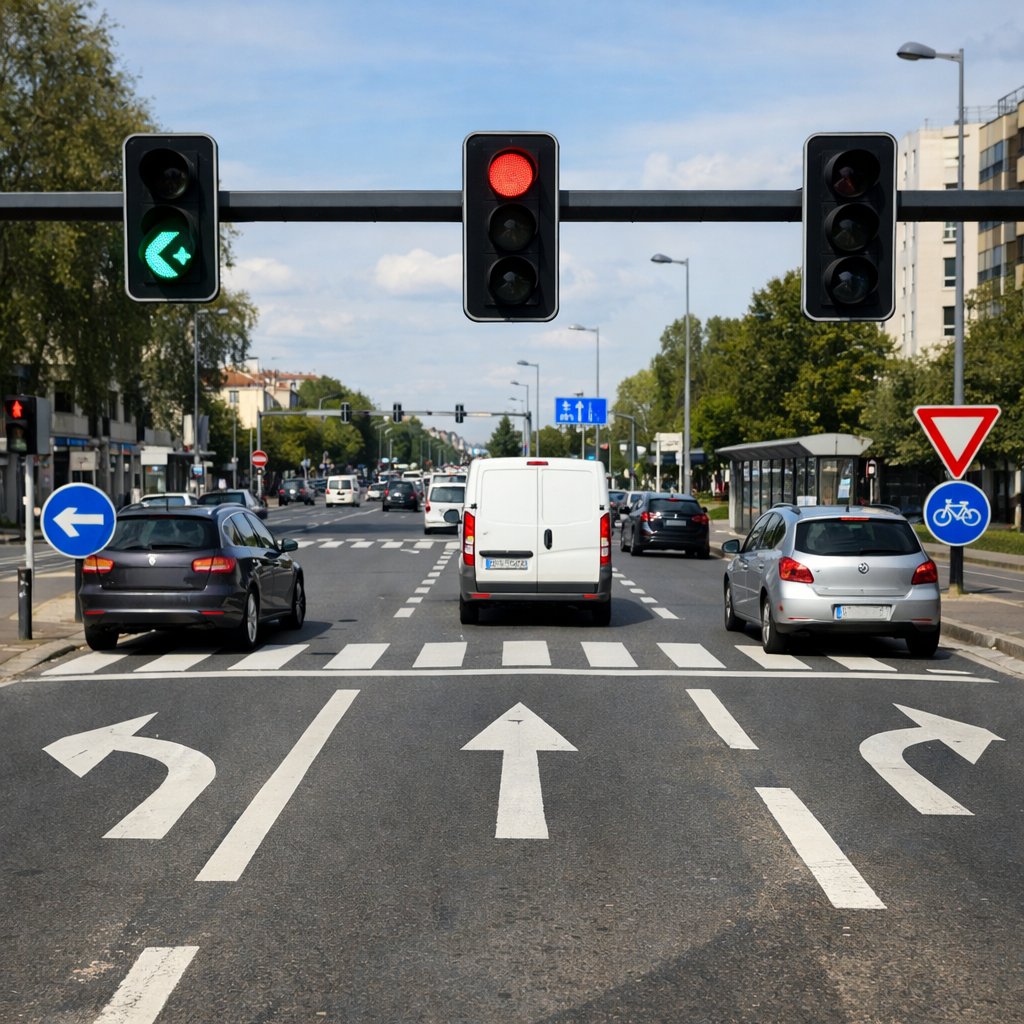 Intersection française avec plusieurs voies, voie de gauche commandée par une flèche verte de tourne-à-gauche, voie centrale avec feu rouge, marquages au sol visibles, circulation urbaine réaliste