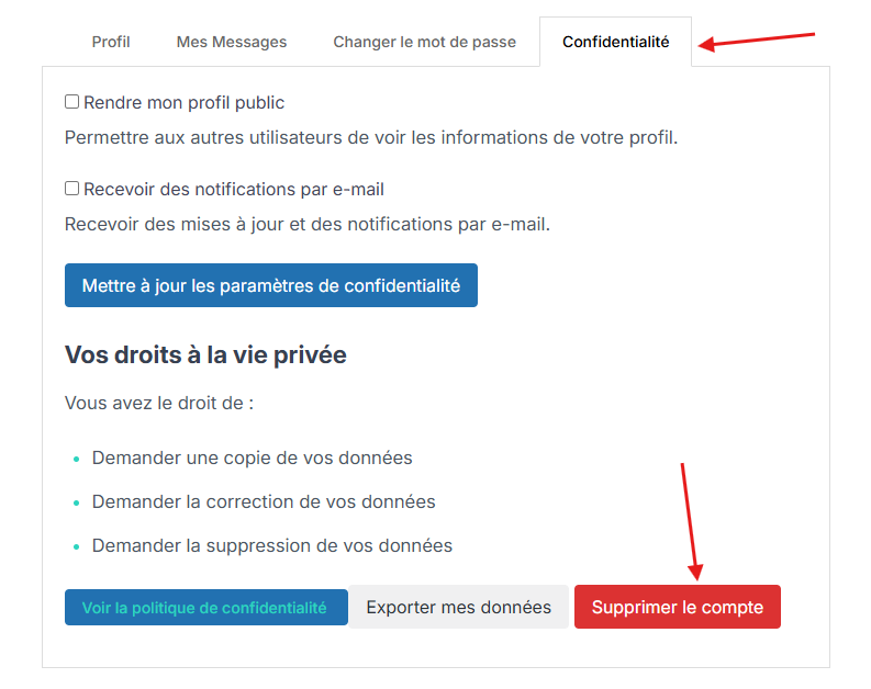 l'onglet Confidentialité