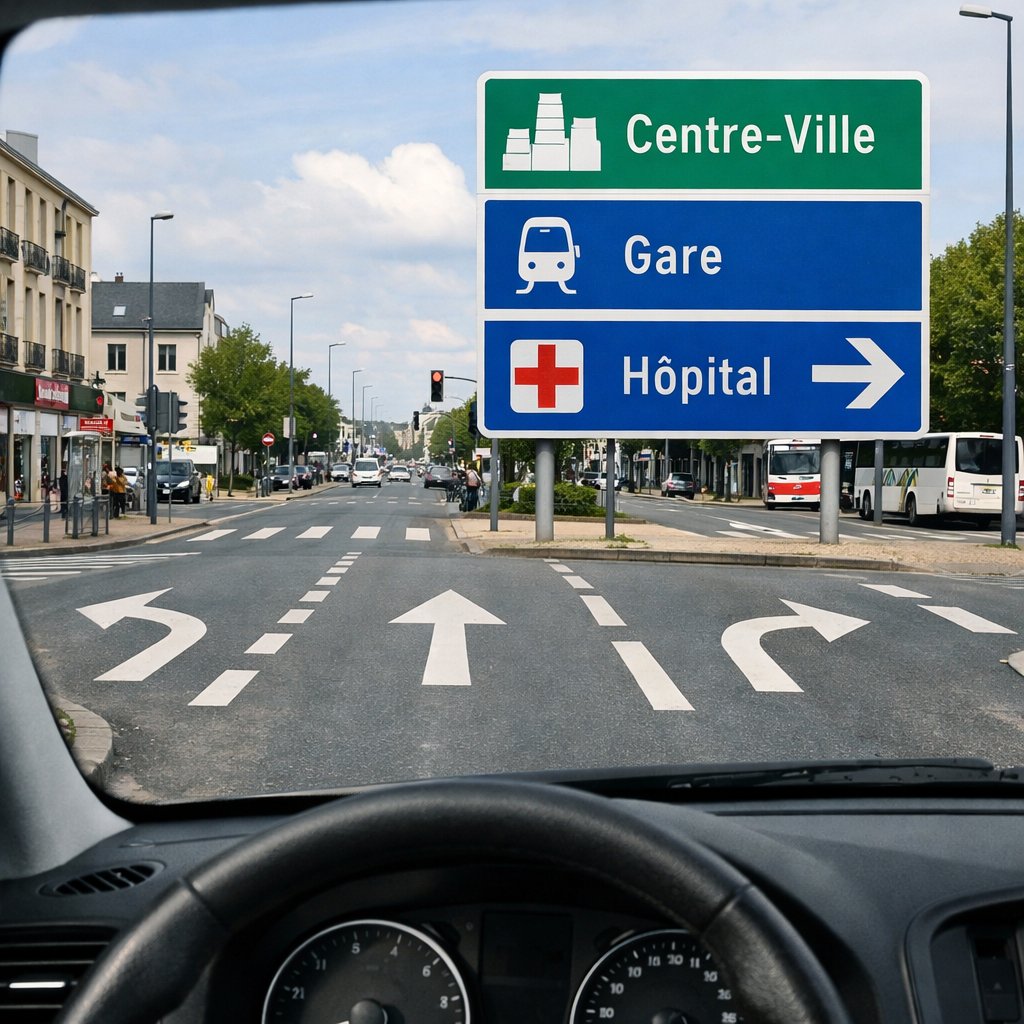 carrefour urbain français avec panneau de présignalisation indiquant centre-ville, gare et hôpital, marquages au sol de présélection visibles, vue conducteur réaliste