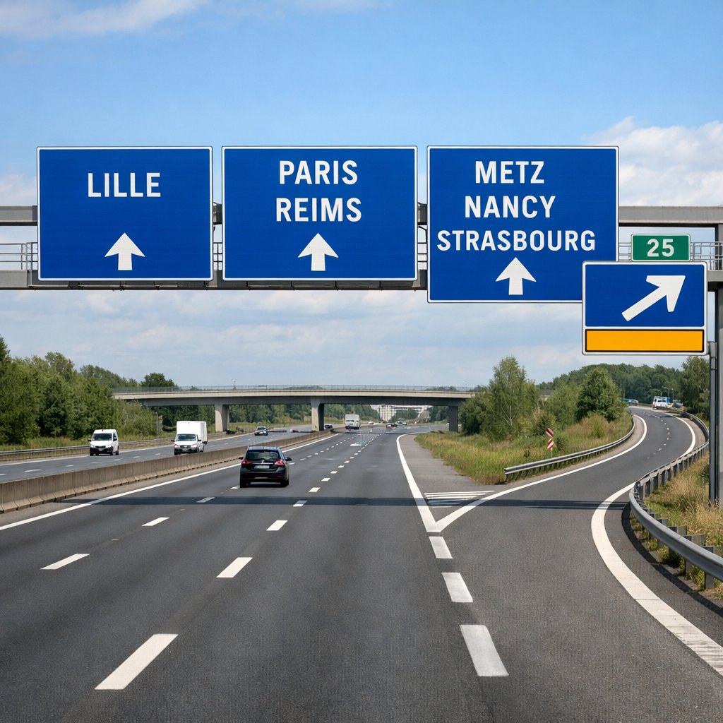 panneaux directionnels français sur autoroute, avec panneaux bleus au-dessus des voies indiquant différentes destinations et une voie de sortie à droite