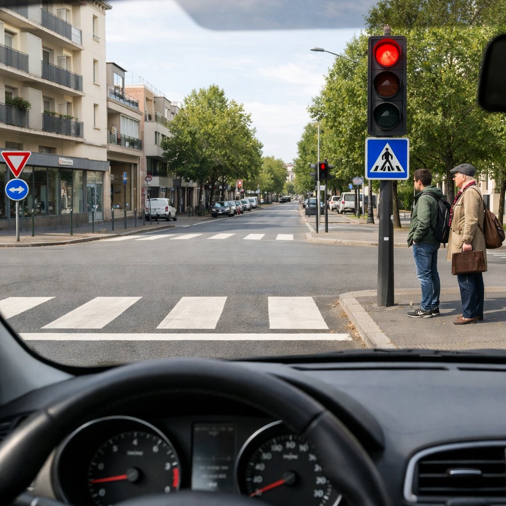 Vue de conducteur à une intersection urbaine française avec feu rouge, ligne d’arrêt au sol, passage piéton et piétons en attente, voiture correctement arrêtée avant la ligne