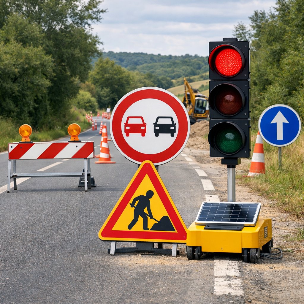 feux tricolores temporaires de chantier gérant une circulation alternée sur route départementale française, une seule voie praticable