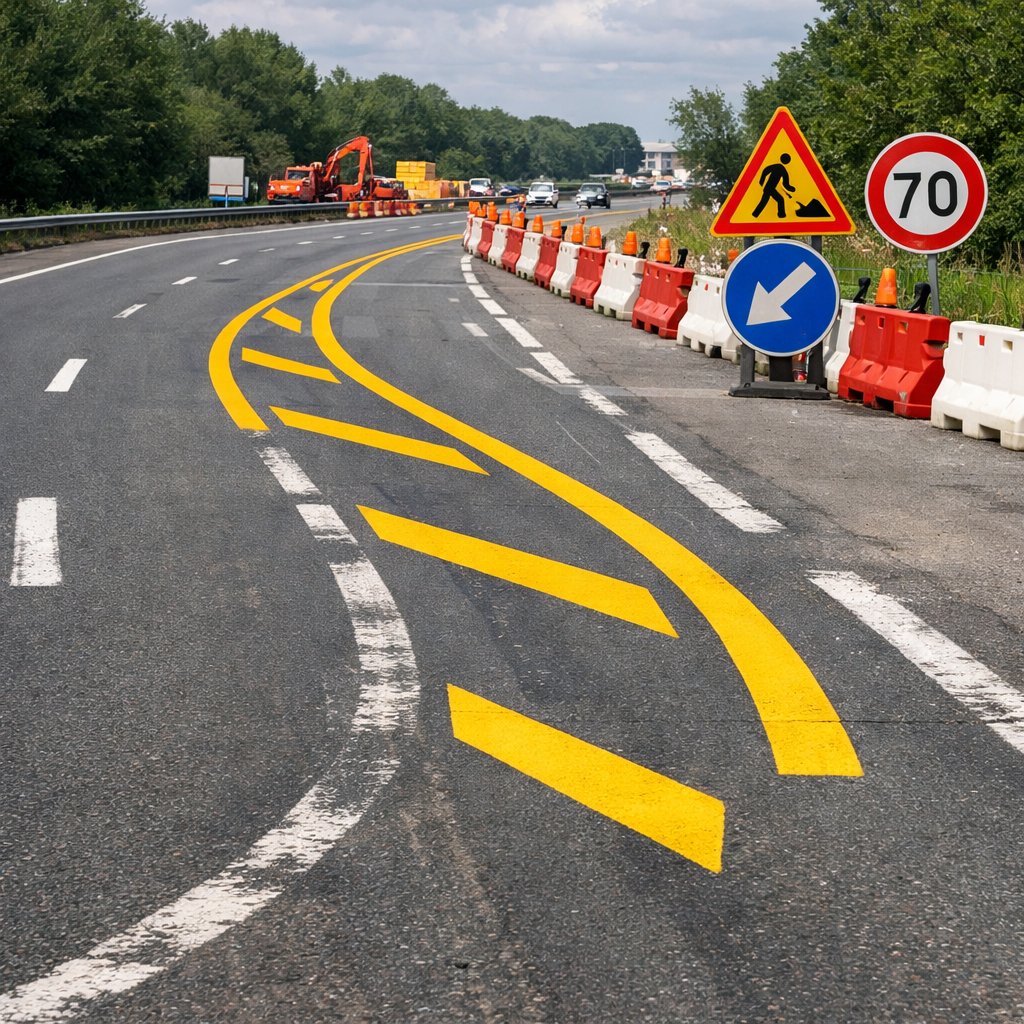 marquage temporaire jaune au sol déviant la trajectoire dans une zone de travaux sur voie rapide française, marquage blanc ancien encore visible