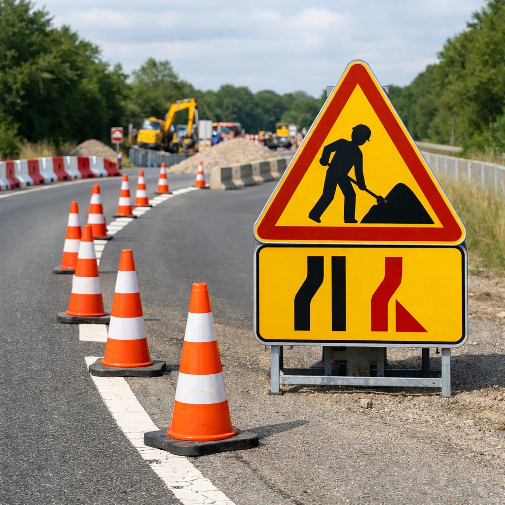 route française avec panneau temporaire de travaux sur fond jaune, cônes et voie rétrécie avant une zone de chantier