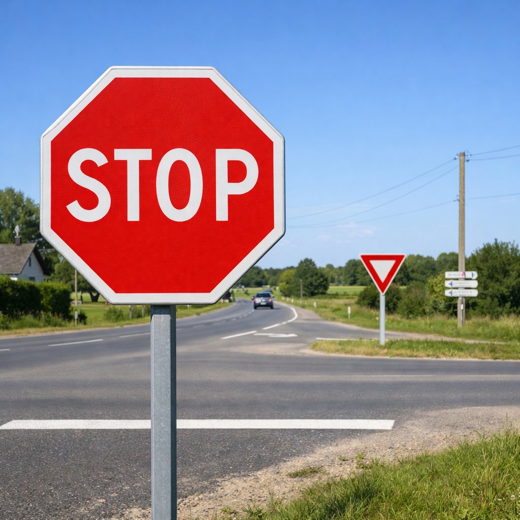 panneau Stop officiel français octogonal rouge à l’approche d’une intersection