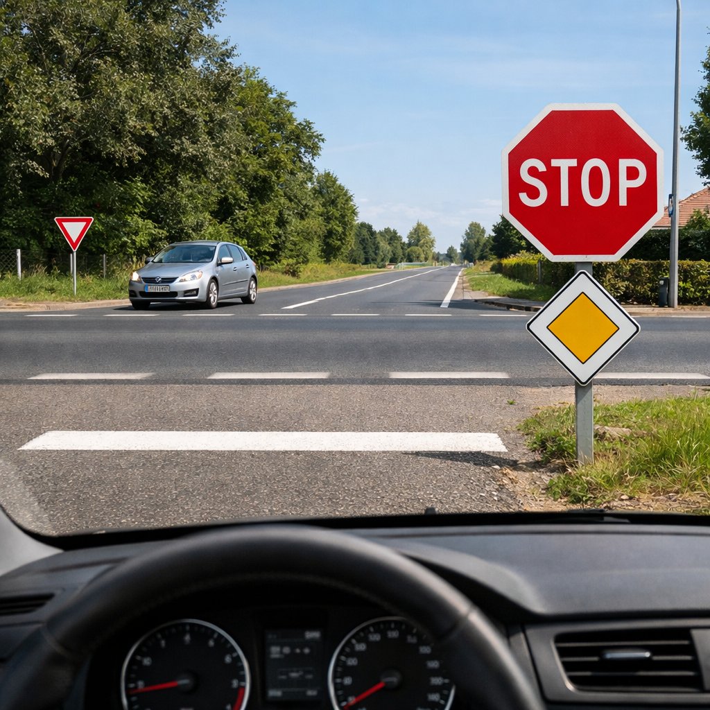 vue conducteur à un stop avec ligne blanche au sol, route prioritaire visible de gauche à droite, une voiture approche