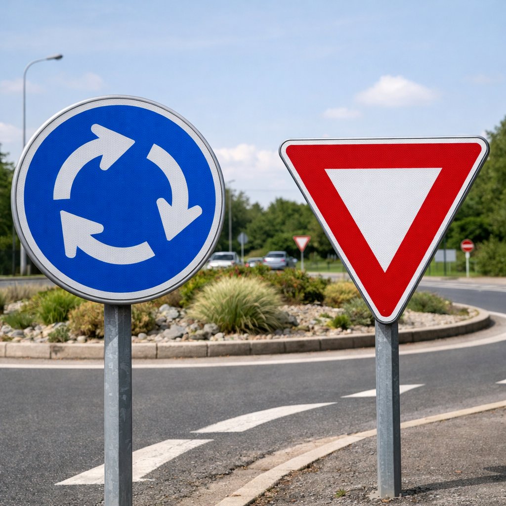 panneau officiel français de carrefour à sens giratoire avec, à proximité, panneau cédez-le-passage à l’entrée d’un carrefour