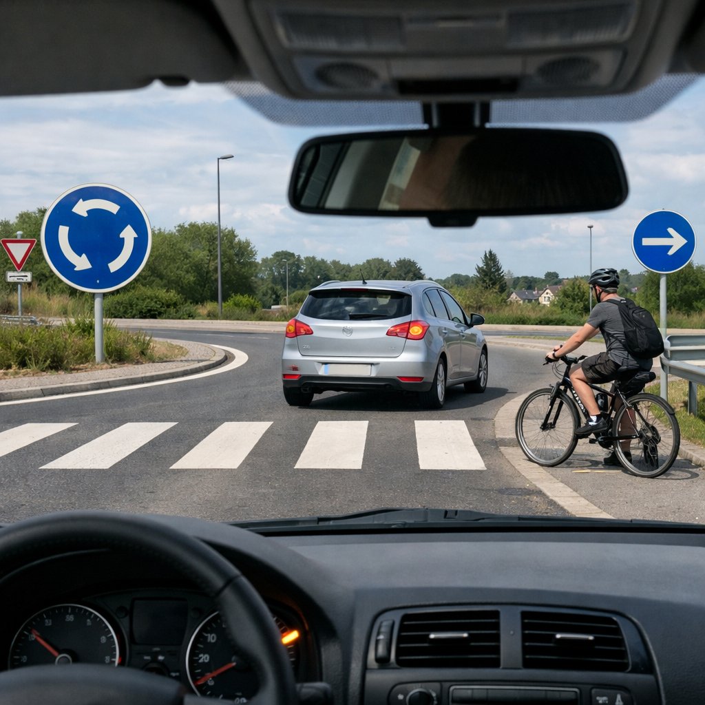 scène de conduite réaliste au niveau d’une sortie de giratoire en France, depuis l’habitacle d’une voiture, avec passage piéton, cycliste sur la droite, voiture sur voie extérieure et clignotant de sortie en usage