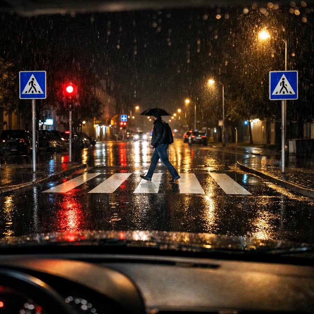 Vue nocturne sous la pluie avec les phares éclairant un passage piéton et un piéton difficile à distinguer
