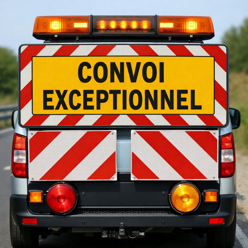 Panneau officiel français de signalisation temporaire de convoi exceptionnel sur véhicule d’accompagnement, vue nette et centrée, style réaliste, sans autre texte ajouté, fond routier discret