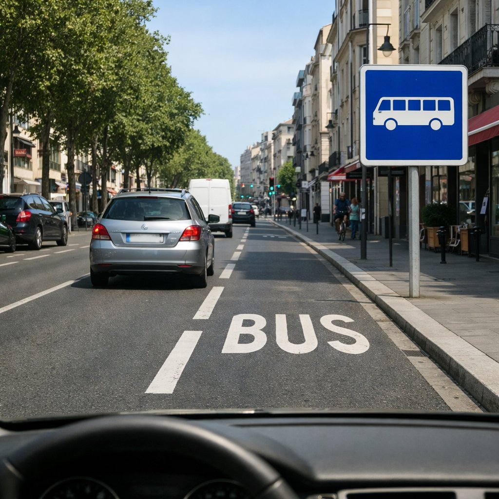 Panneau officiel français de voie réservée aux bus et marquage BUS au sol dans une rue urbaine, perspective conducteur, circulation légère, environnement de centre-ville
