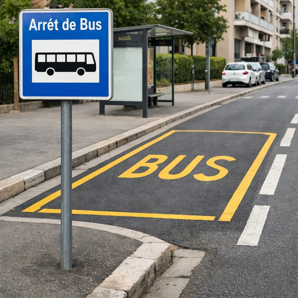 panneau officiel français d’arrêt d’autobus visible en bord de chaussée, environnement urbain simple, arrêt matérialisé au sol, sans texte ajouté hors panneau officiel