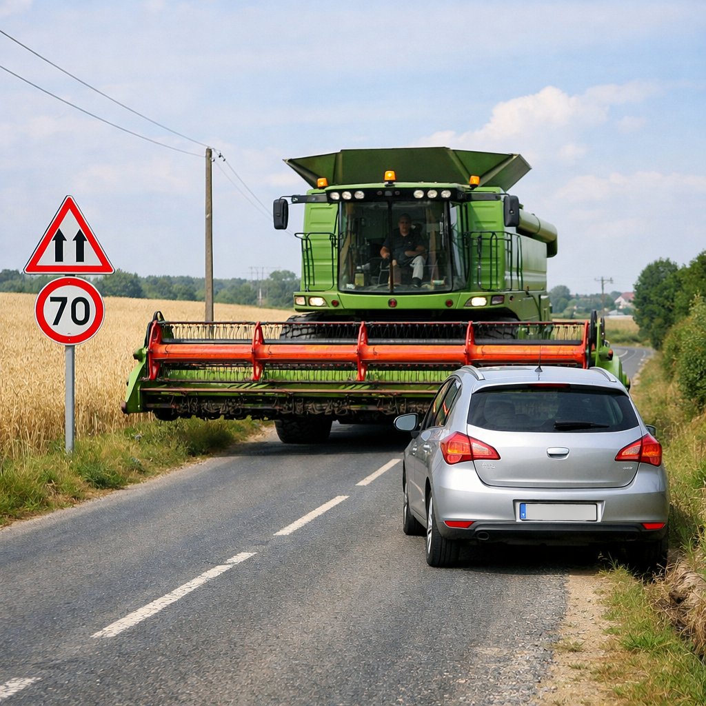 Croisement entre une voiture et une moissonneuse-batteuse sur une petite route française bordée de fossés, voiture ralentie serrée à droite sans mordre dangereusement l’accotement