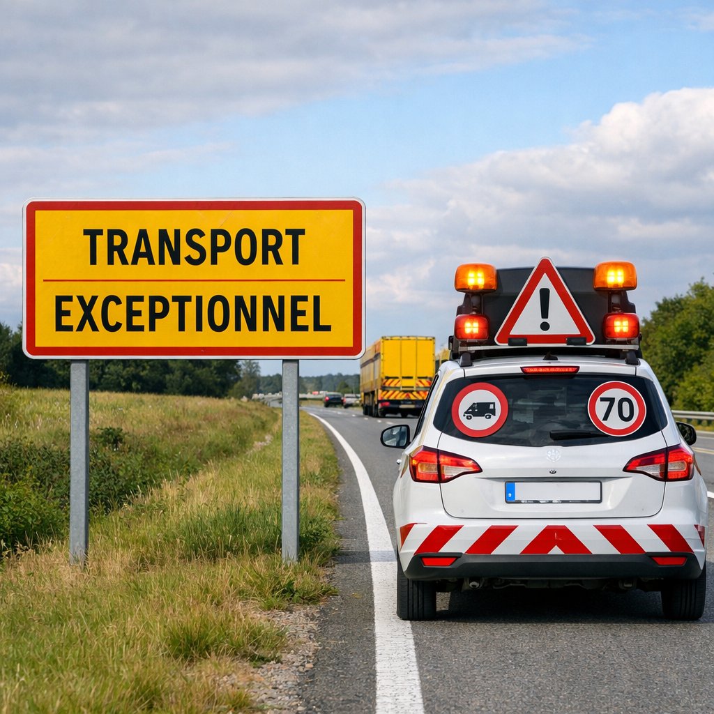 Panneau officiel français de transport exceptionnel accompagné d’un véhicule d’escorte sur route, vue réaliste sans autre texte que la signalisation réglementaire