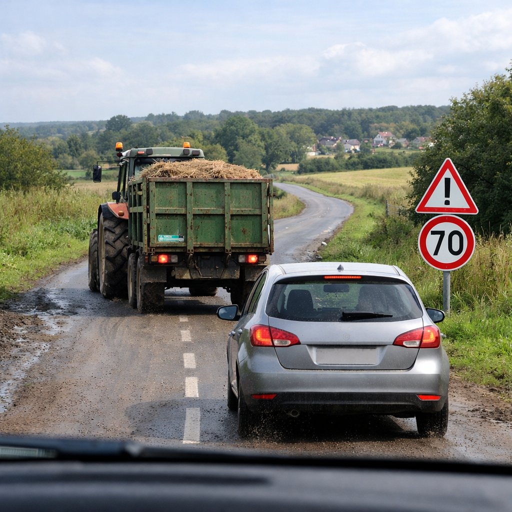 Route de campagne française étroite avec un tracteur et sa remorque précédant une voiture, chaussée légèrement boueuse, visibilité dégagée, conducteur auto gardant ses distances
