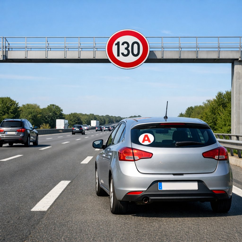 Vue arrière trois-quarts d’une voiture avec disque A circulant sur une autoroute française, voie de droite, panneau officiel 130 visible sur portique, trafic modéré, météo claire, marquages français et glissières de sécurité