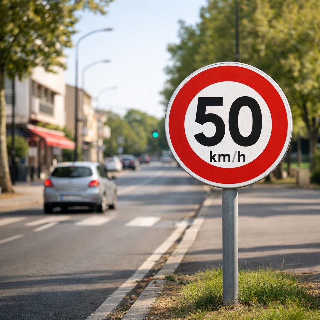 Panneau officiel français de limitation à 50 km/h sur fond routier urbain, clairement visible en bord de chaussée