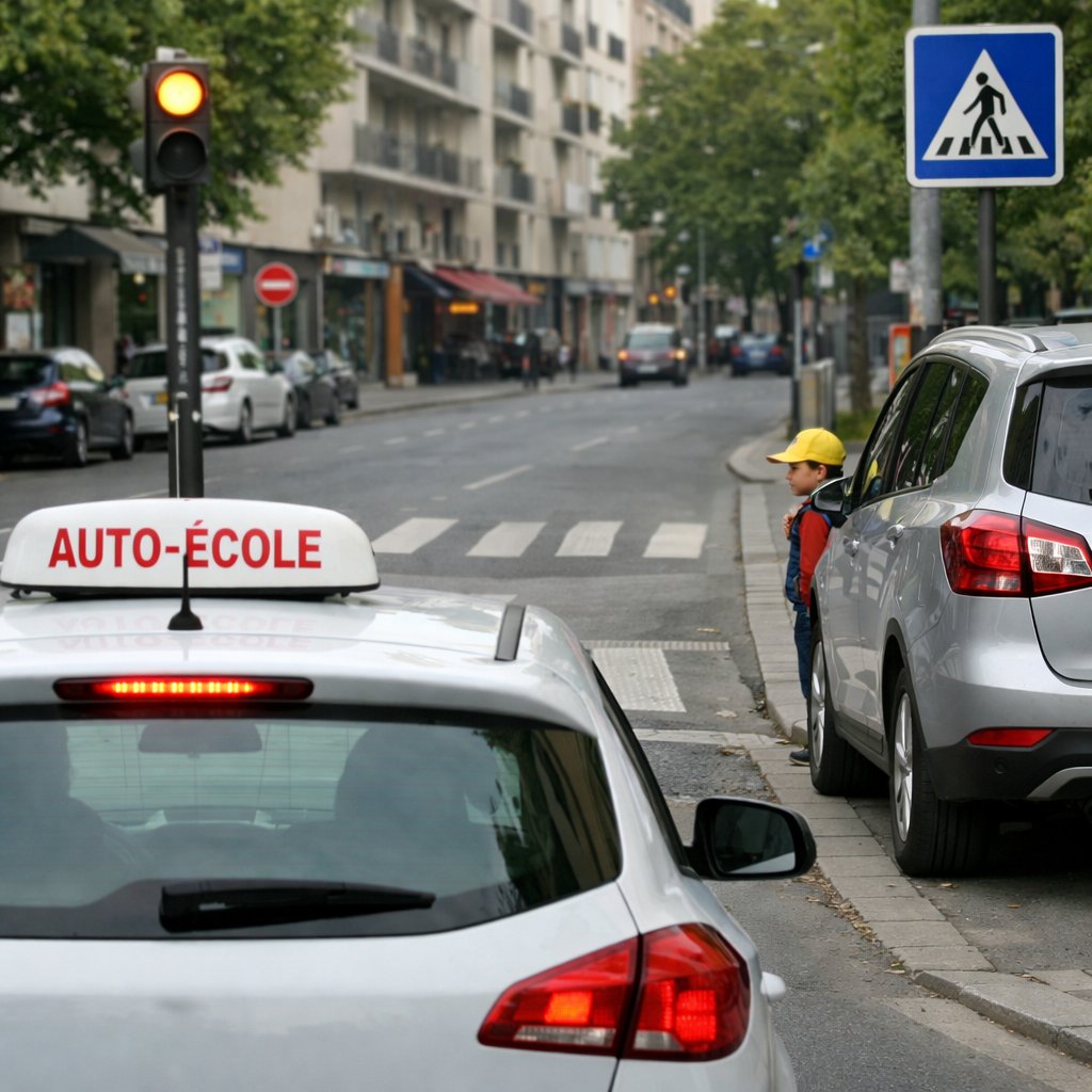 Voiture école française approchant un passage piéton en ville, enfant visible sur le trottoir partiellement masqué par un véhicule stationné, scène réaliste depuis l’arrière du véhicule