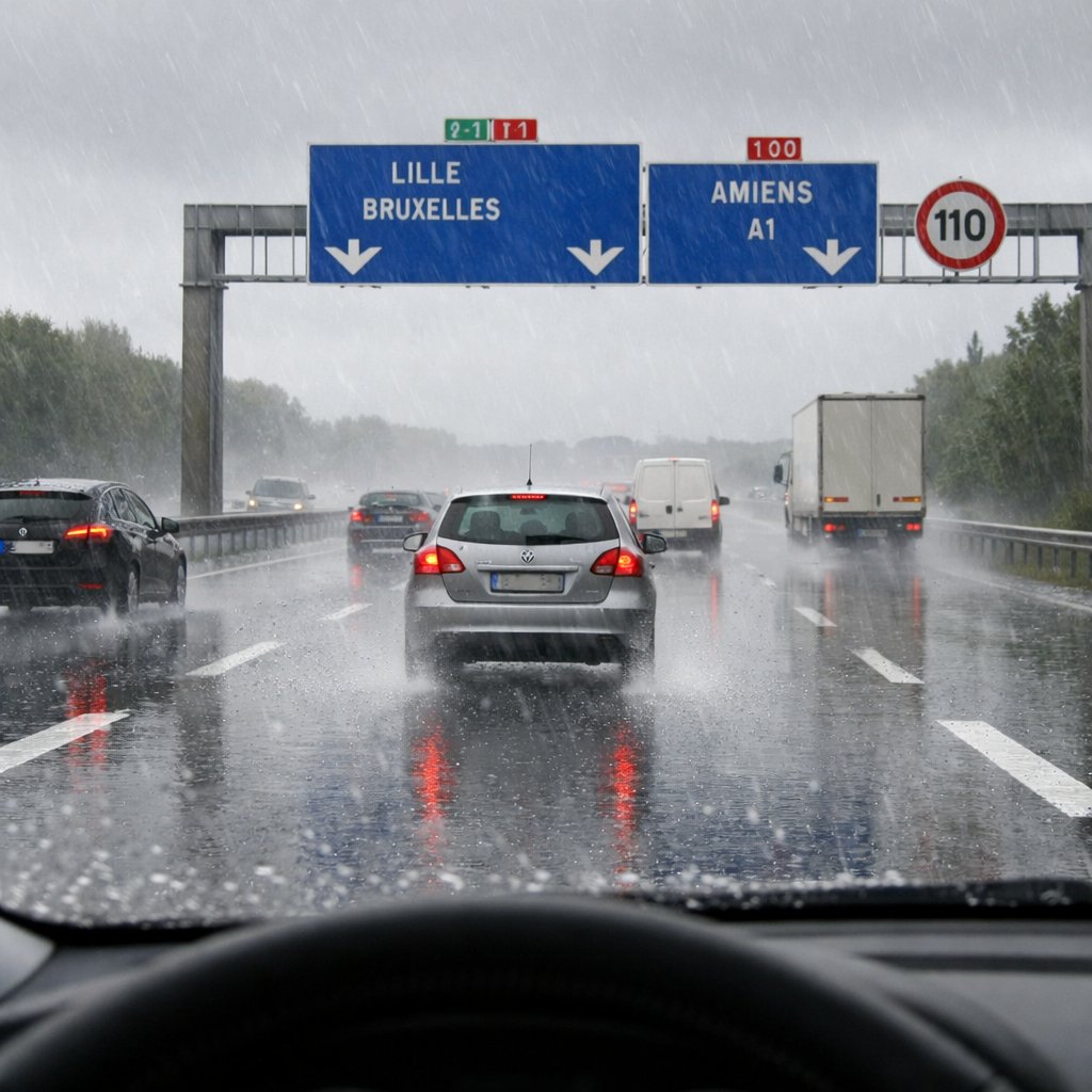 Vue de conduite sur autoroute française sous forte pluie, avec marquages au sol visibles, projections d’eau, trafic dense et conducteur gardant de grandes distances de sécurité