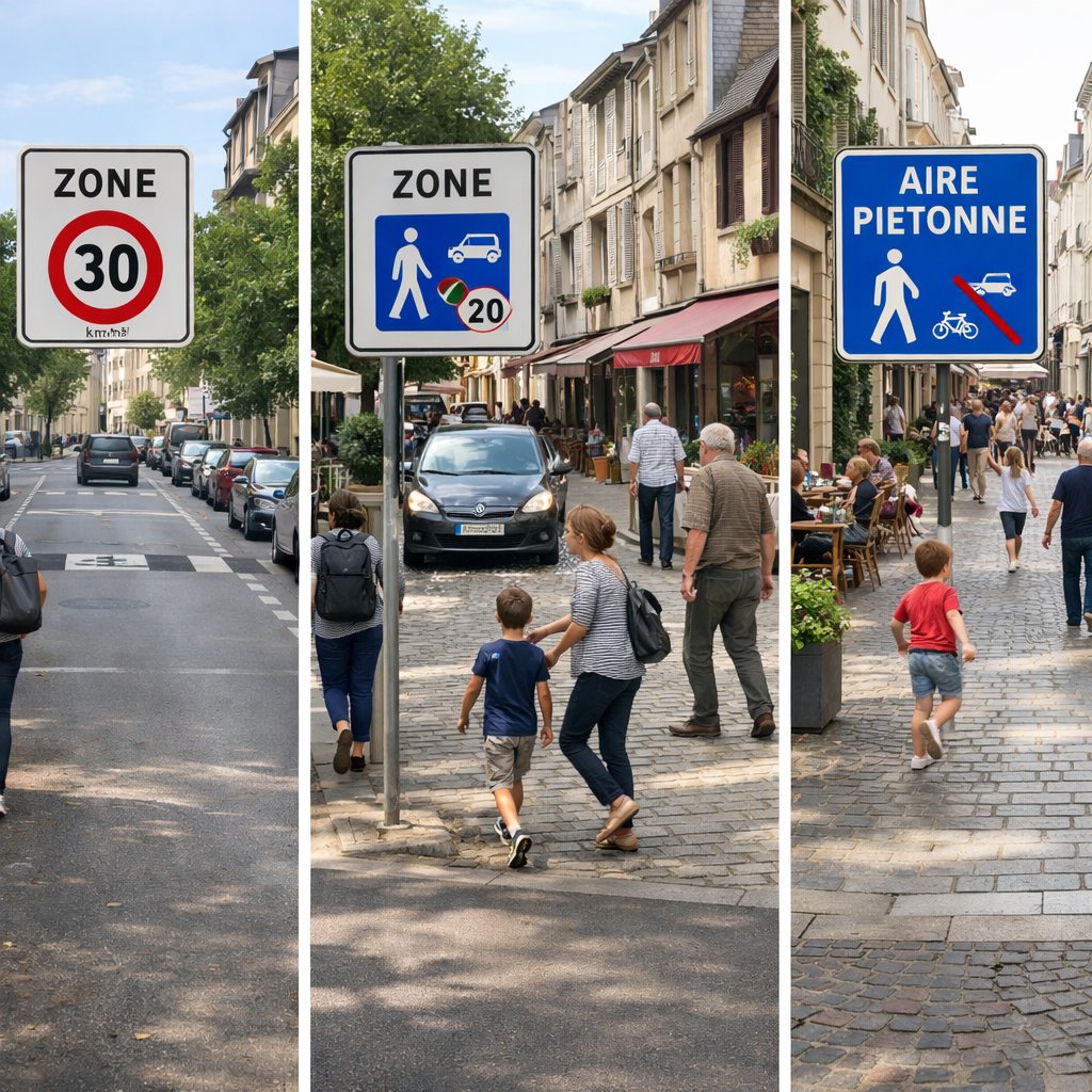 comparaison visuelle en trois scènes alignées d’un même type de rue française : zone 30, zone de rencontre, aire piétonne, montrant la différence de place donnée aux voitures et aux piétons