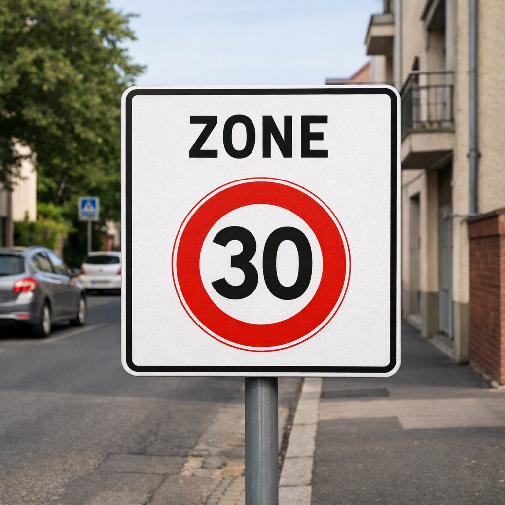 panneau officiel d’entrée de zone 30 en France, vu de face, sur fond urbain simple