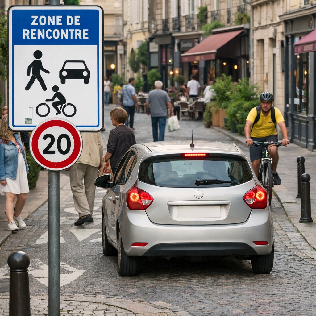 scène urbaine française en zone de rencontre, voiture roulant très lentement, piétons sur la chaussée, cycliste en sens inverse, ambiance centre-ville apaisé