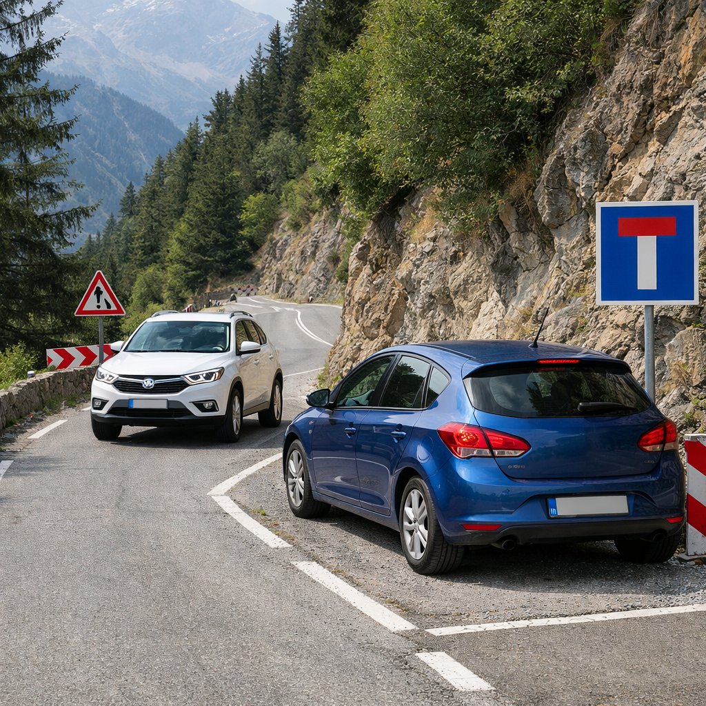croisement entre deux voitures sur route de montagne française étroite, une voiture descendante rangée dans un renfoncement pour laisser passer celle qui monte