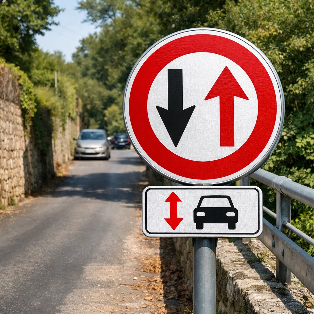 panneau rond de priorité inversée ou panneau de cédez le passage aux véhicules venant en sens inverse placé à l’entrée d’un passage étroit en France