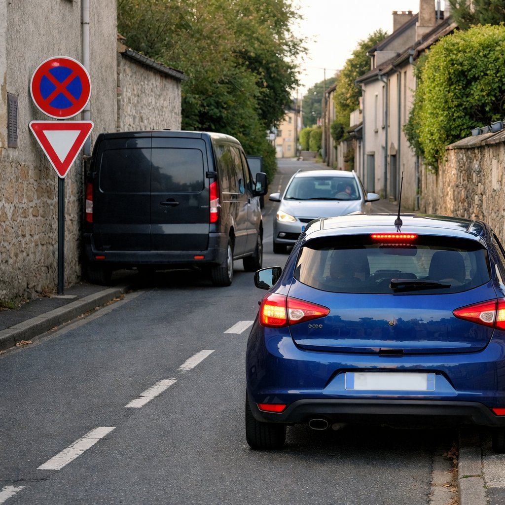 voiture de tourisme française arrêtée avant un véhicule stationné empiétant sur sa voie, laissant passer une voiture venant en sens inverse dans une rue étroite