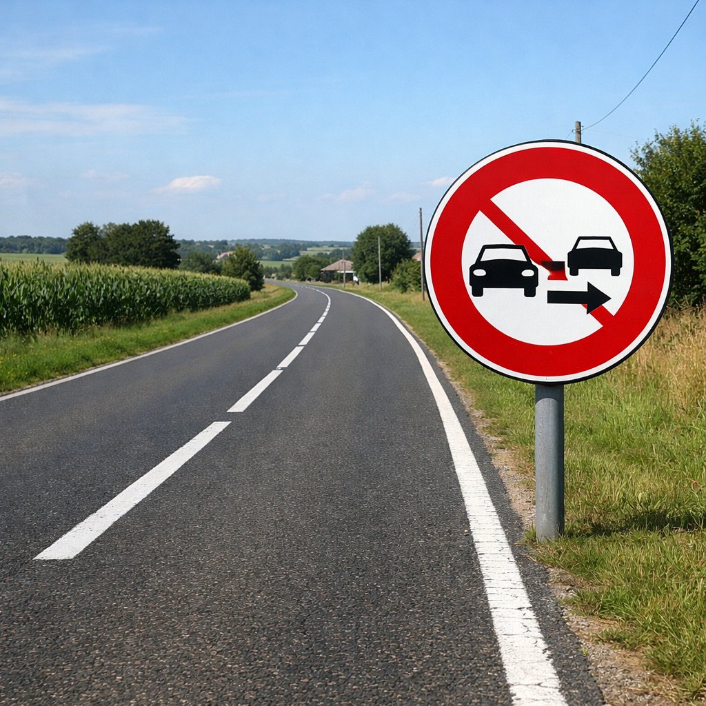 panneau officiel français d’interdiction de dépasser à droite d’une route bidirectionnelle, marquage au sol avec ligne continue visible, environnement de campagne, vue réaliste depuis la chaussée